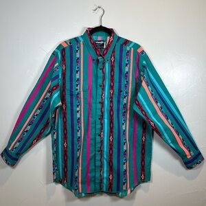 Wrangler Vintage Western Aztec Striped Cowboy Long Sleeve Shirt Size 18 x 35 USA